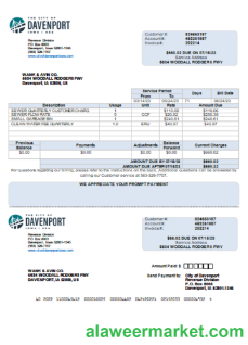 Iowa City of Davenport utility business bill, Word and PDF template scr